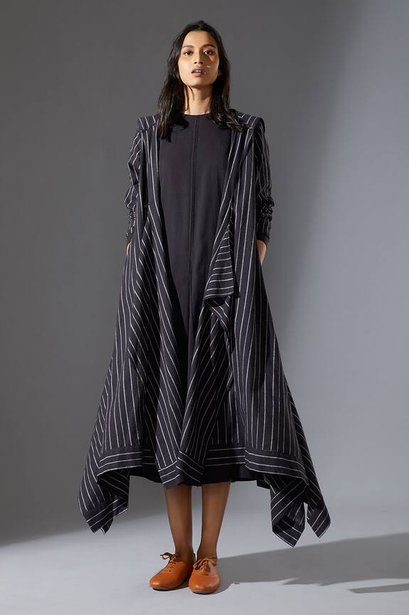 Mati Black Cotton Handwoven Hoodie Koza Jacket With Dress 1