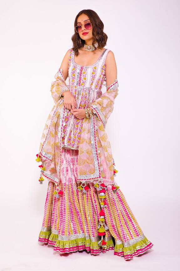 Maayera Jaipur Pink Muslin Satin Gota Embroidered Kurta Sharara Set 3