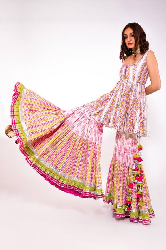 Maayera Jaipur Pink Muslin Satin Gota Embroidered Kurta Sharara Set 5