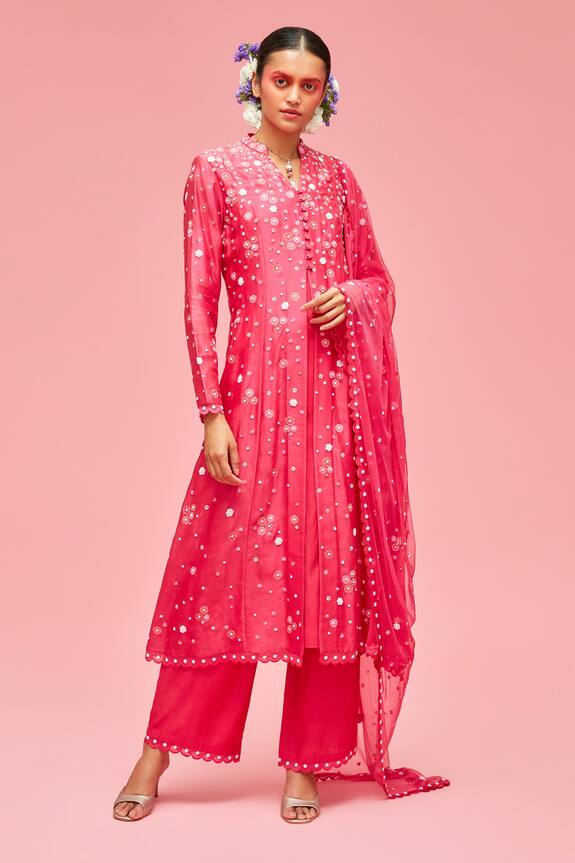 Nachiket Barve Pink Floral Embroidered Anarkali Set 0