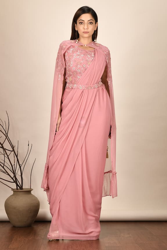 Khwaab by Sanjana Lakhani Peach Imported Georgette Pre-draped Saree With Embroidered Cape 0