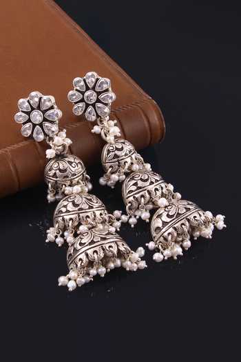 White - Noor-e-Jhumka Classic German Silver Earrings 42 main image 1