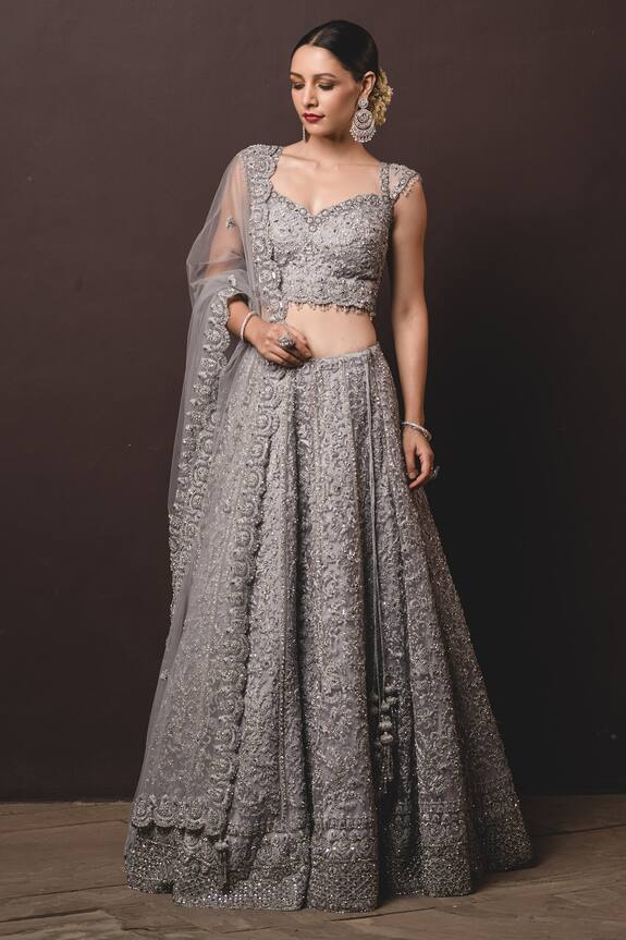 Buy Nitika Gujral Silver Tulle Embroidered Lehenga Set Online | Aza ...