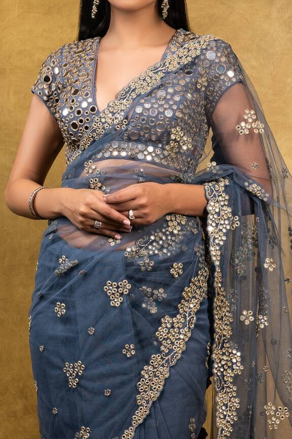 Buy Nitika Gujral Blue Net Embroidered Saree With Blouse Online Aza Fashions 3137