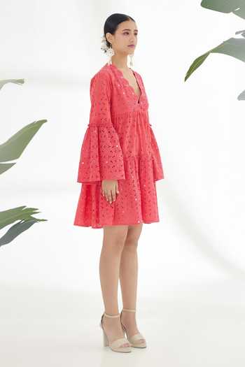 14887 Fuschia Tiered Lace Sleeve Dress