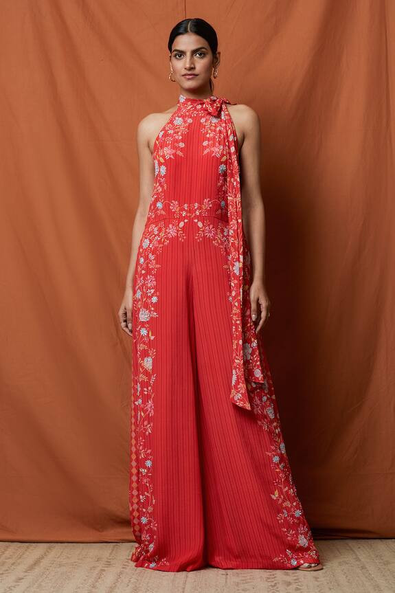 Namrata Joshipura Crepe Halter Embroidered Jumpsuit 0