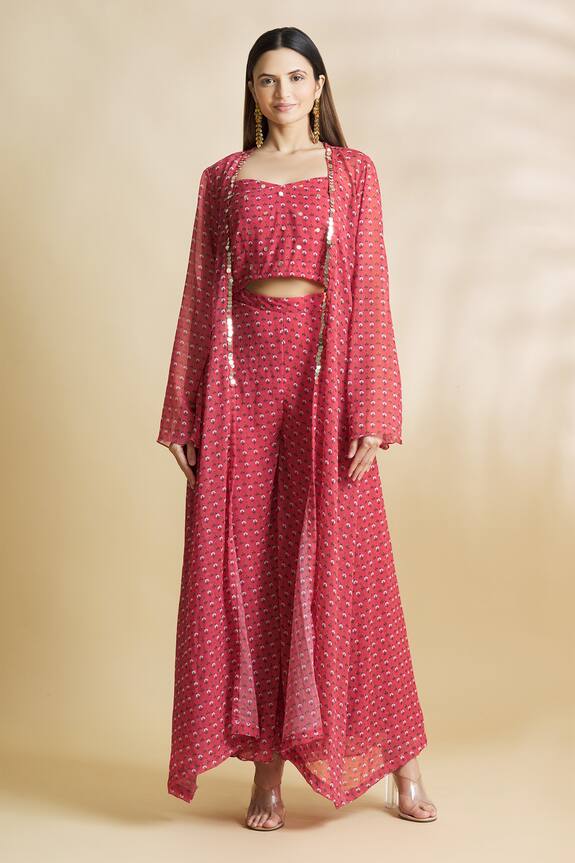 Neha Khullar Red Printed Handloom Chanderi Pant Set With Jacket 1