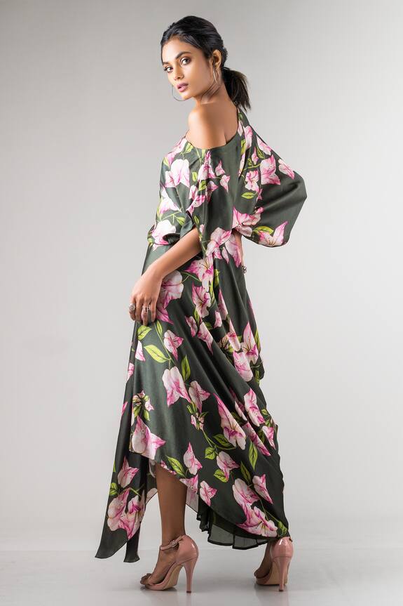 Buy Nupur Kanoi Green Bamberg Satin Floral Print Top And Draped Skirt ...