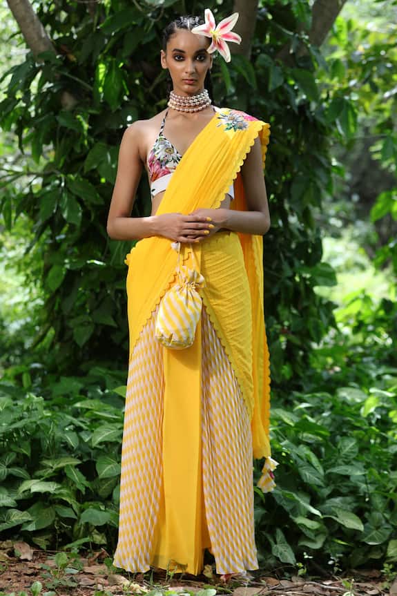 Nikasha Yellow Georgette Pre-draped Saree With Sleeveless Blouse 1