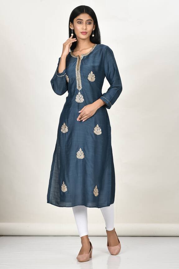 Khwaab by Sanjana Lakhani Blue Slub Cotton Silk Gota Patti Work Kurta 1