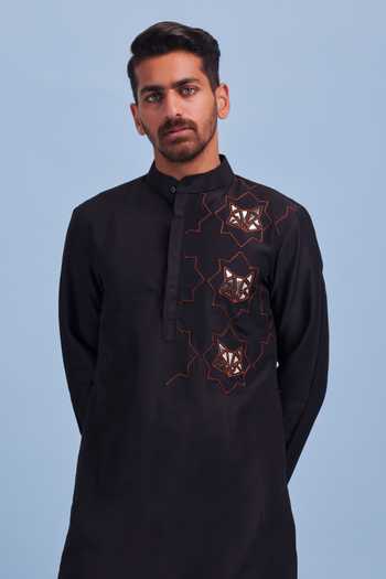 Black Russian Silk Embroidered Pant Style Salwar Kurta
