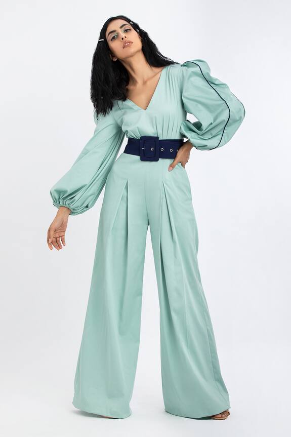 Buy Nori Green Cotton Pleated Jumpsuit With Belt Online | Aza Fashions