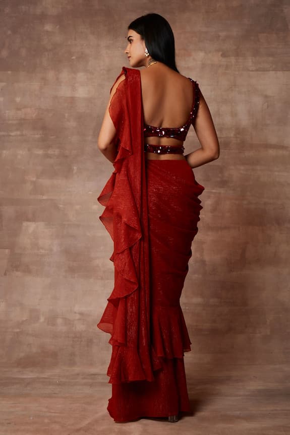 Neeta Lulla Red Chiffon Pre-draped Ruffle Saree With Blouse 2
