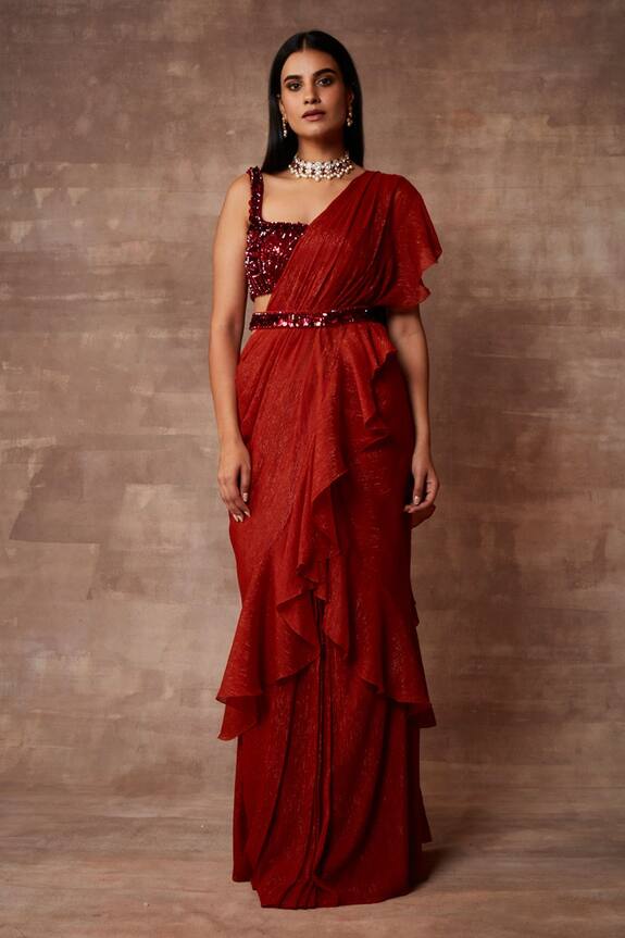 Neeta Lulla Red Chiffon Pre-draped Ruffle Saree With Blouse 3