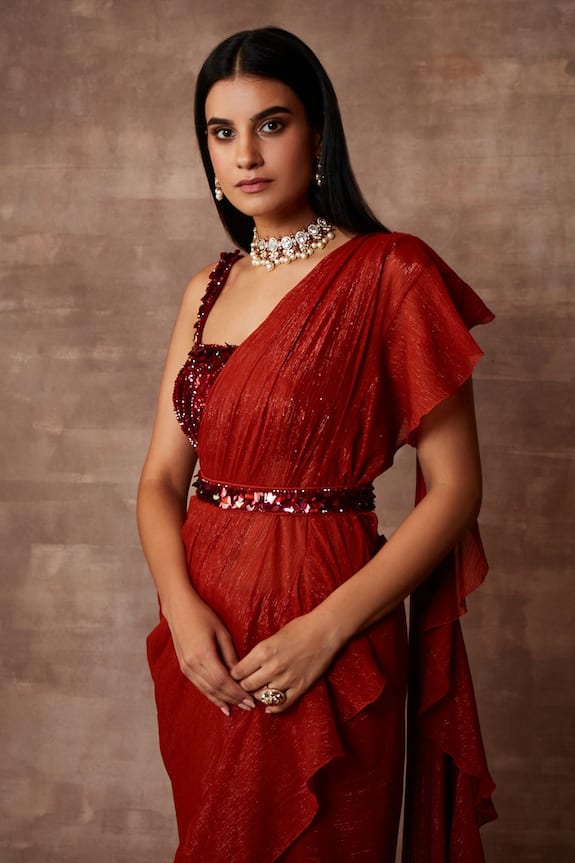 Neeta Lulla Red Chiffon Pre-draped Ruffle Saree With Blouse 5