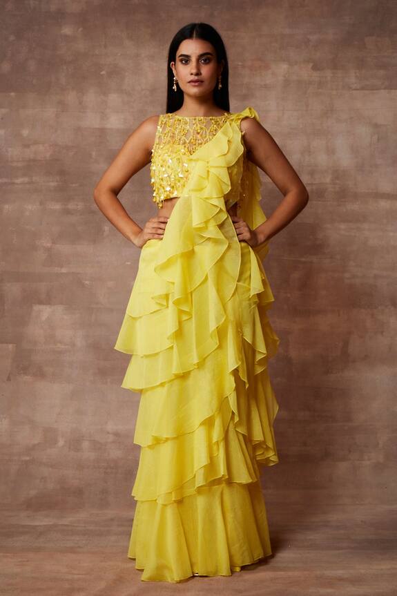 Neeta Lulla Yellow Chiffon Pre-draped Ruffle Saree Set 1