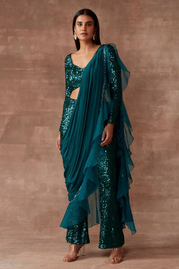 Neeta Lulla Green Tulle Pre-draped Sequin Work Pant Saree Set 1