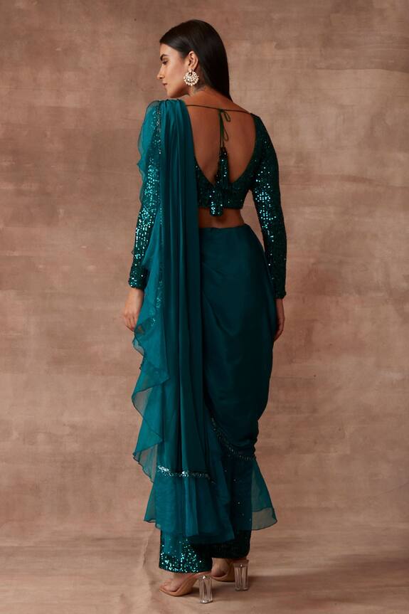 Neeta Lulla Green Tulle Pre-draped Sequin Work Pant Saree Set 2