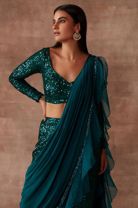 Neeta Lulla Green Tulle Pre-draped Sequin Work Pant Saree Set 3
