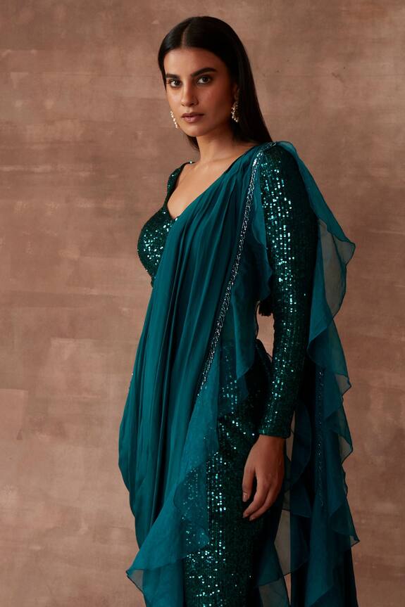 Neeta Lulla Green Tulle Pre-draped Sequin Work Pant Saree Set 5