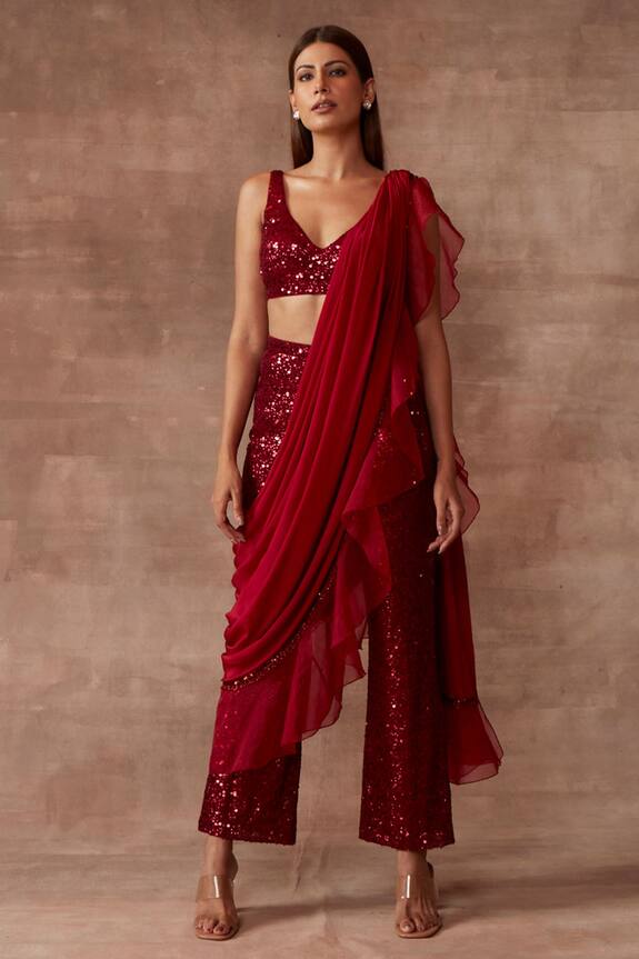 Neeta Lulla Red Tulle Pre-draped Sequin Work Pant Saree Set 1