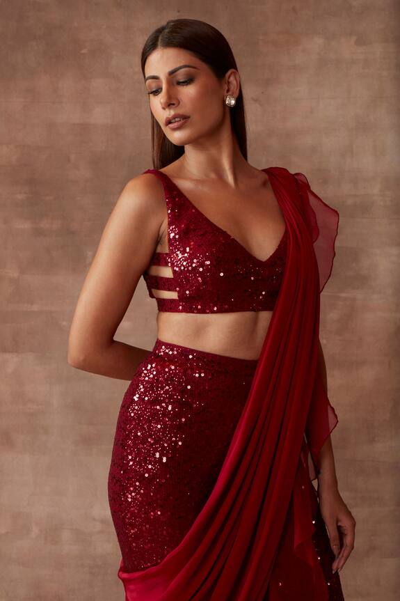 Neeta Lulla Red Tulle Pre-draped Sequin Work Pant Saree Set 3