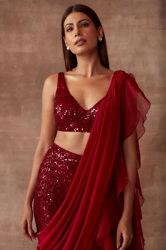 Neeta Lulla Red Tulle Pre-draped Sequin Work Pant Saree Set 4
