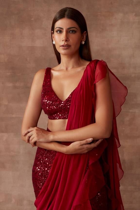 Neeta Lulla Red Tulle Pre-draped Sequin Work Pant Saree Set 5