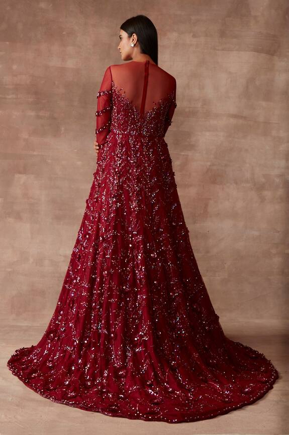 Neeta Lulla Maroon Tulle Rosetta Embellished Gown 2