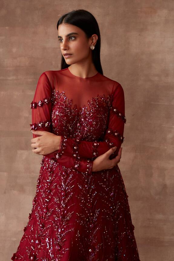 Neeta Lulla Maroon Tulle Rosetta Embellished Gown 3