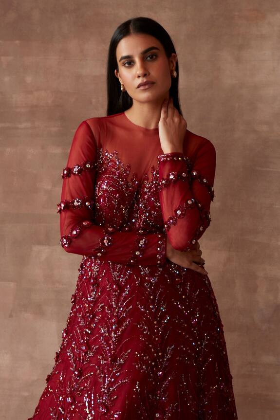 Neeta Lulla Maroon Tulle Rosetta Embellished Gown 4