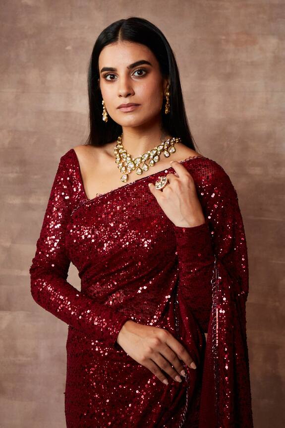 Neeta Lulla Red Tulle Roseann Sequin Embellished Saree With Blouse 6