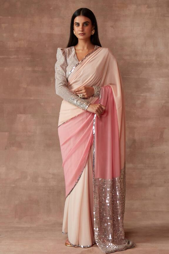 Neeta Lulla Peach Georgette Roselyn Color Block Saree With Blouse 1