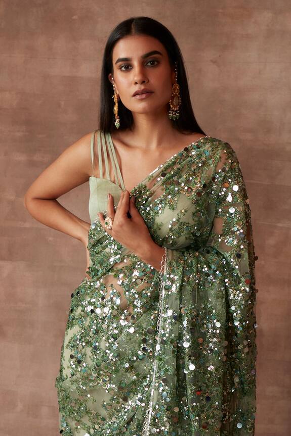 Neeta Lulla Green Tulle Jade Sequin Embellished Saree With Blouse 5