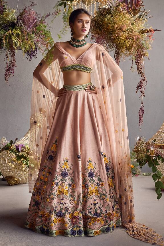 Not So Serious By Pallavi Mohan Pink Raw Silk Embroidered Blouse And Lehenga Set 0
