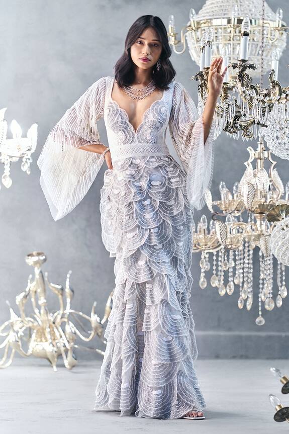 Not So Serious By Pallavi Mohan White Tulle Applique Embroidered Gown 0