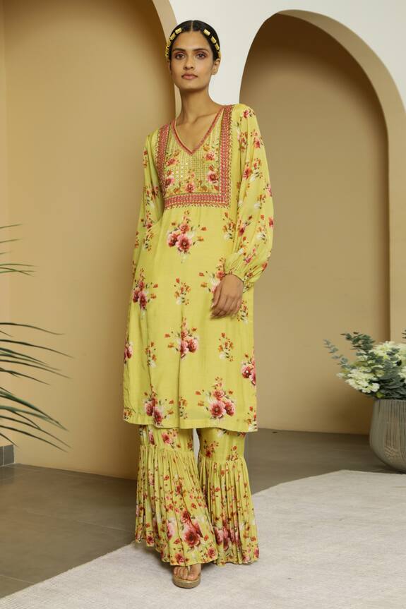 Kalista Yellow Cotton Silk Tehseem Kurta And Sharara Set 1