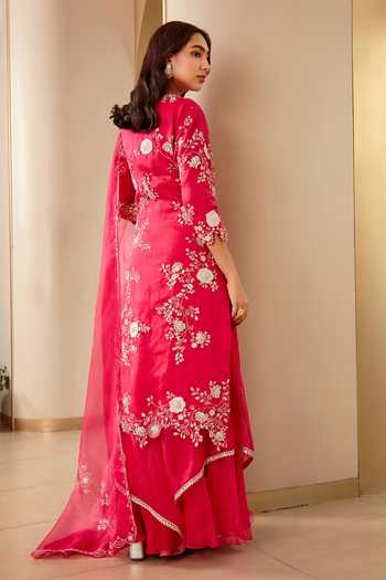 Ruby red asymmetric kurta with  flared organza sharara