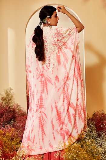 Ethereal Ivory Apricot Georgette Cape Lehenga Ensemble Gold Speckles main image 0