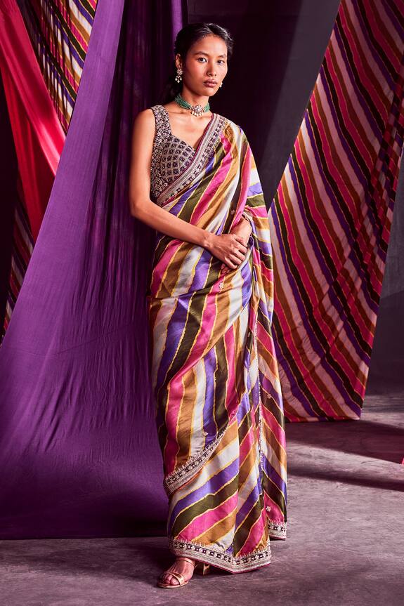 Punit Balana Multi Color Organza Silk Stripe Print Saree With Blouse 0