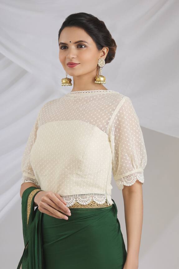 Pranay Baidya White Crochet Lace Saree Blouse 1