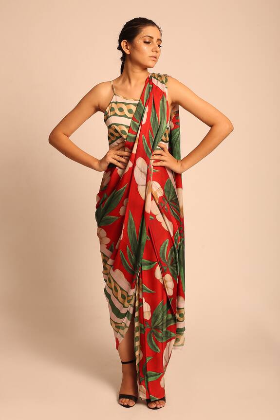 Prints by Radhika Red Satin Georgette Printed Pre-draped Saree Dress 0