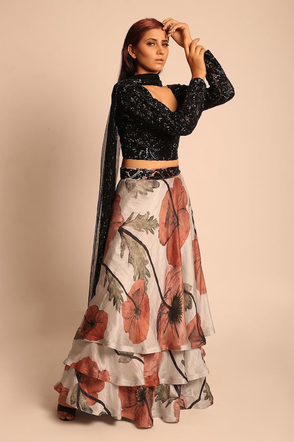 Buy Prints by Radhika Black Silk Printed Lehenga Set Online Aza Fashions