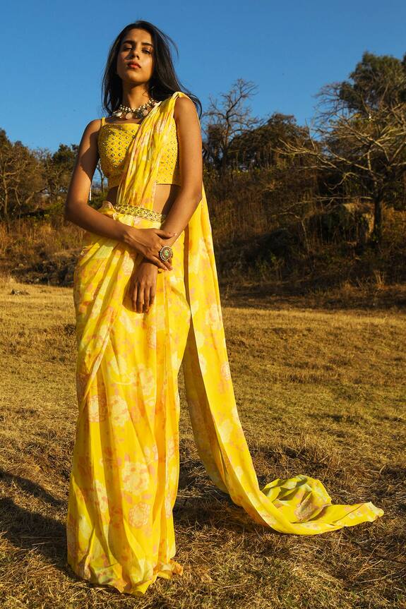 Paulmi and Harsh Yellow Crepe Printed Pre-draped Saree Set 1