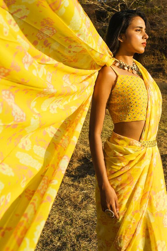Paulmi and Harsh Yellow Crepe Printed Pre-draped Saree Set 5
