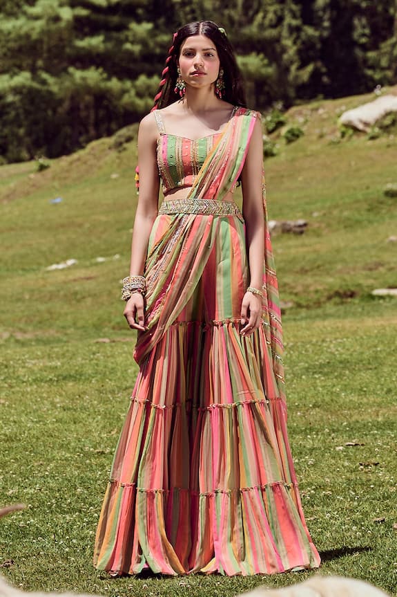 Paulmi and Harsh Multi Color Georgette Striped Pre-draped Sharara Saree With Blouse 3