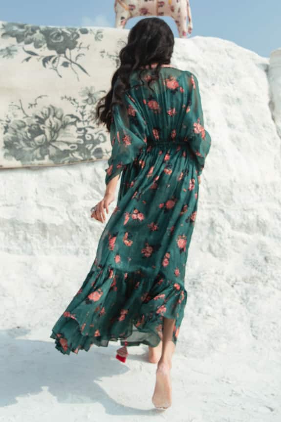 Paulmi and Harsh Green Crepe Printed Maxi Dress With Jacket 2