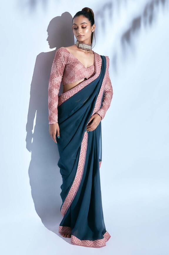 Nirmooha Grey Georgette Saree With Embroidered Blouse 2