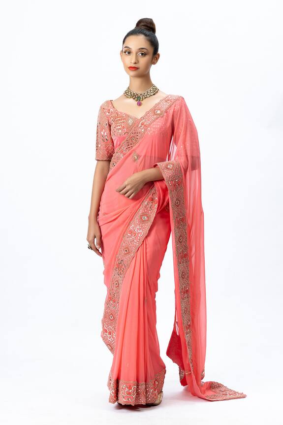 Nirmooha Pink Georgette Saree With Embroidered Blouse 1