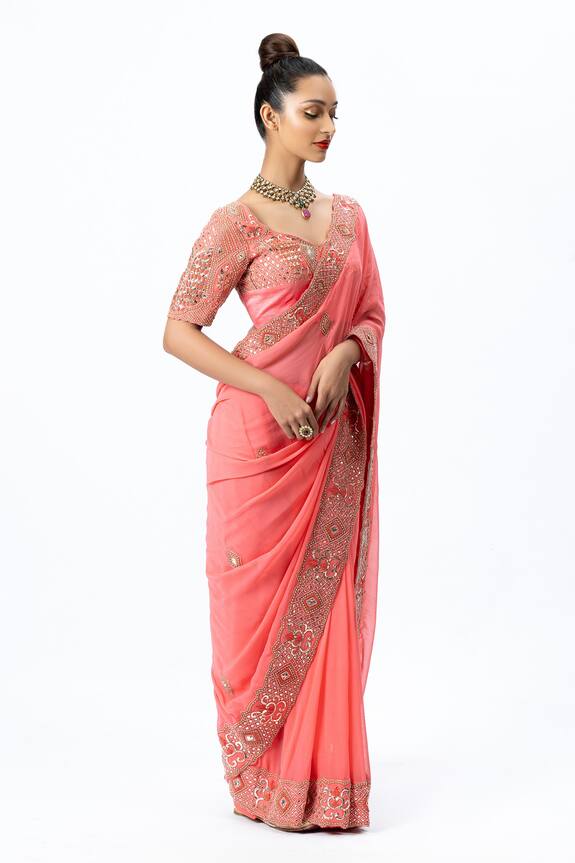 Nirmooha Pink Georgette Saree With Embroidered Blouse 3